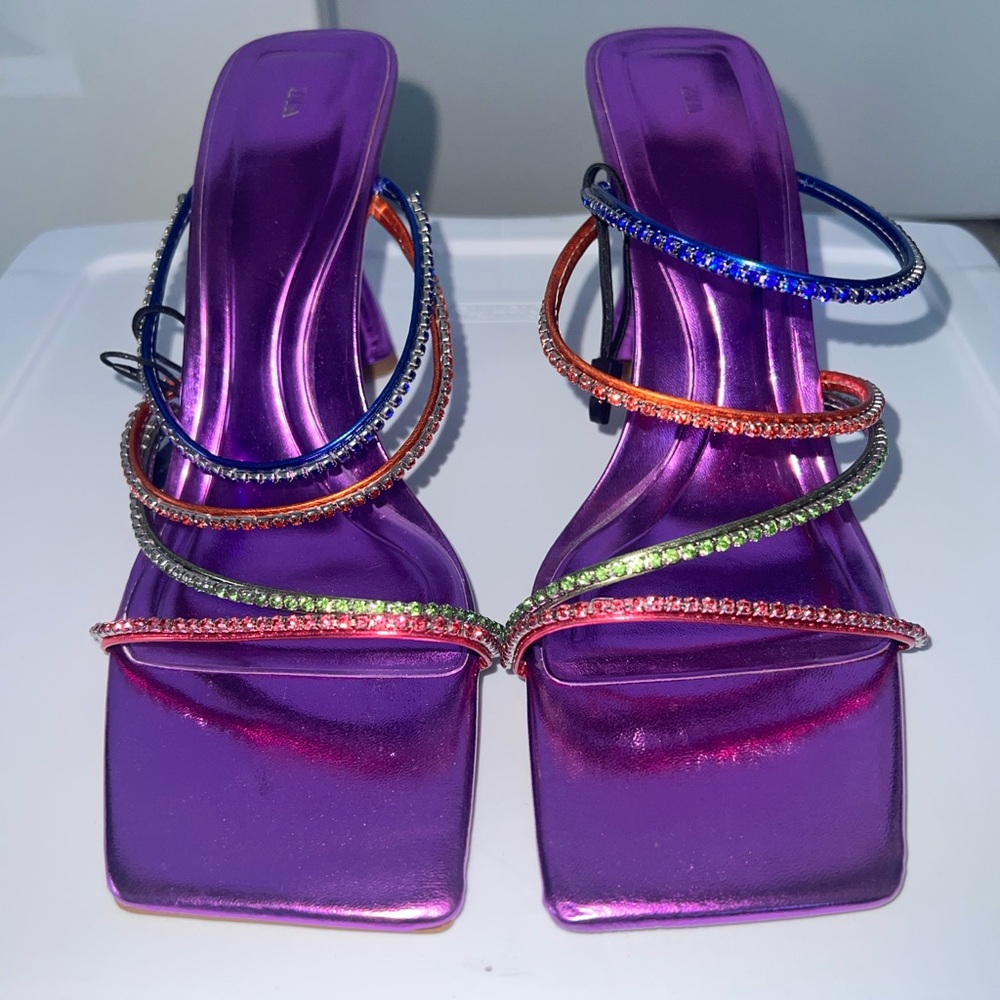 NWT - ZARA METALLIC Purple RHINESTONE Straps Heel Sandals NEW Sz 8 EUR39